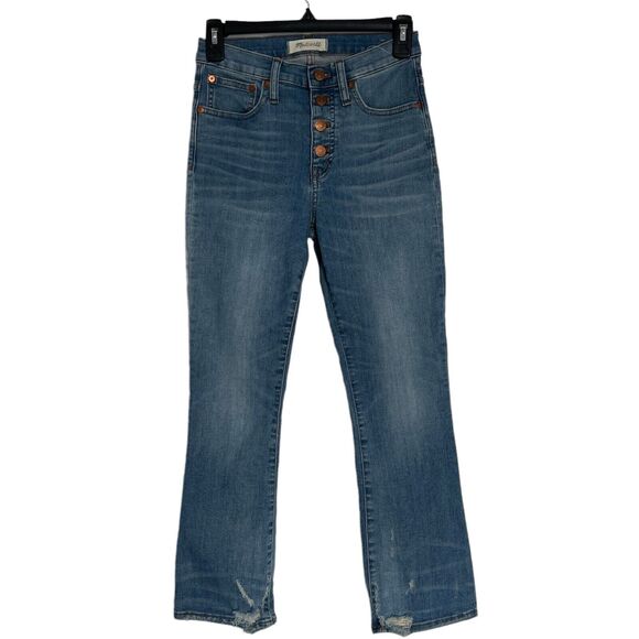 Madewell SZ 24 Cali Demi-Boot Jeans Button-Fly Mid-Rise Distressed Whiskered - Picture 1 of 11